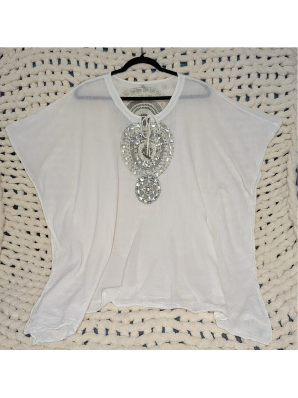 Boho White Gauze Tunic Top Free Size Beaded Embellished Sheer Festival Beach